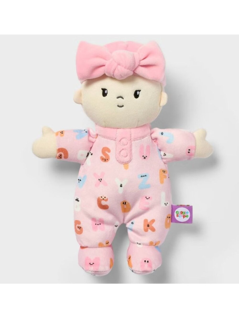 Giggle Scape Soft Plush Baby Doll With Pink Alphabet Onesie & Bow